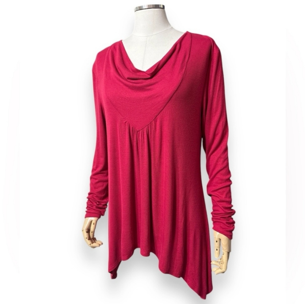 BCBGMAXAZRIA Cowl Neck Fine Ribbed Tunic Asymmetrical Hem Turkish Rose